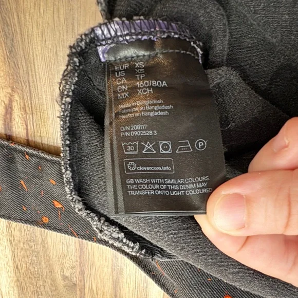 Sz XS Black Denim Long Sleeve Collar Short Dress Orange Paint Belt with Pocket - Picture 3 of 10